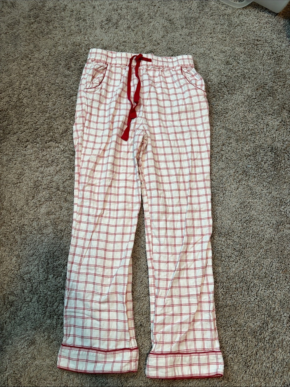 Cozy Cream and Red Plaid Women's Pajama Pants with Red Drawstring